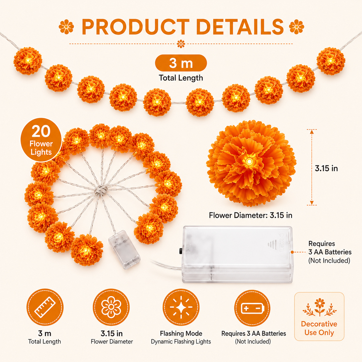 Marigold LED Memorial String Lights – 20 Glowing Flowers for Ofrendas & Remembrance
