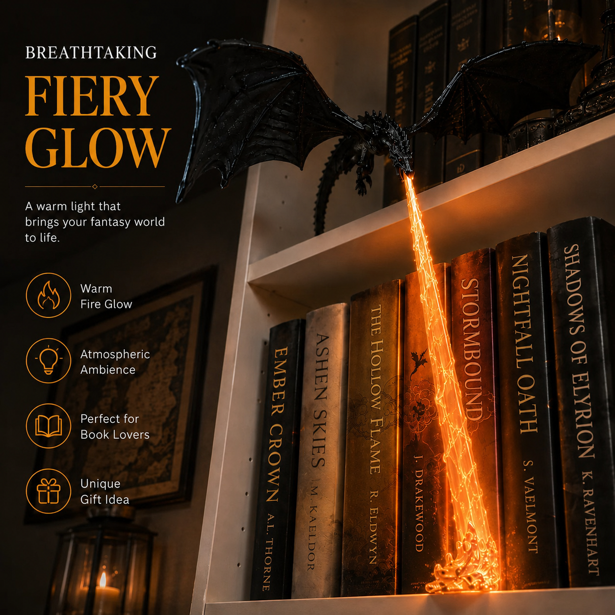 🐉 Fire-Breathing Dragon Bookshelf Lamp – Fantasy LED Shelf Decor