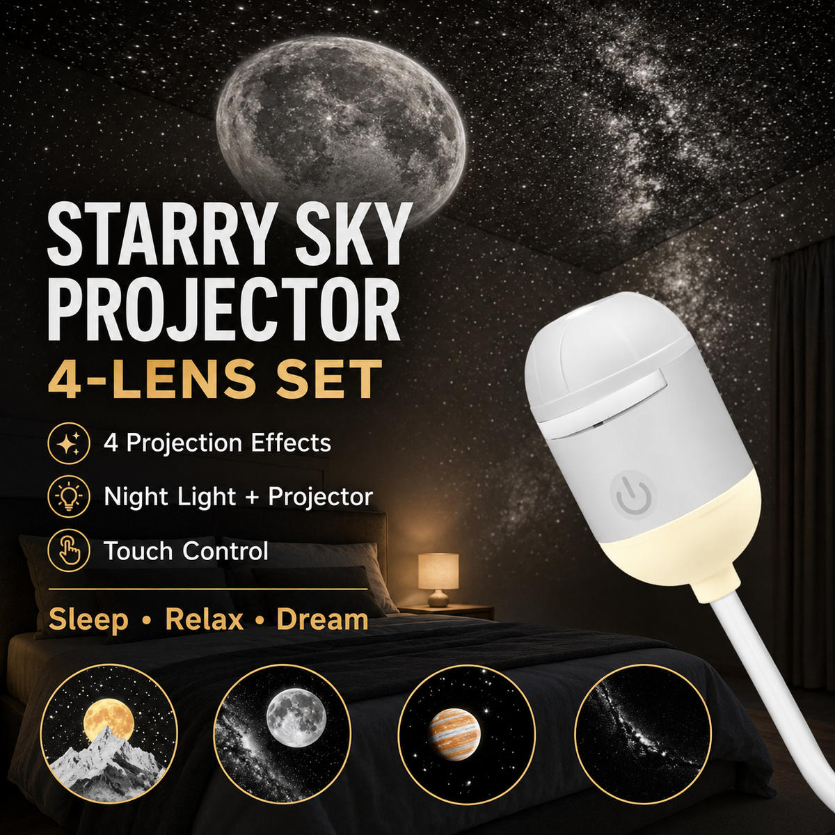 2-in-1 Galaxy Projector Night Light | USB Mini Star & Moon Projector for Bedroom, Adjustable Brightness, 360° Projection