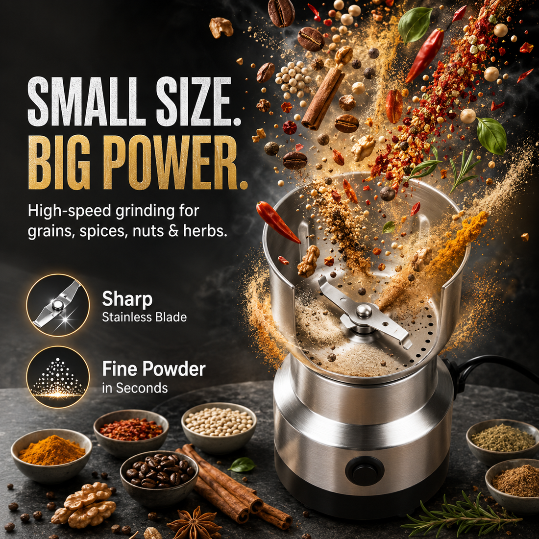 Close-up grinder blade and dry spice grinding