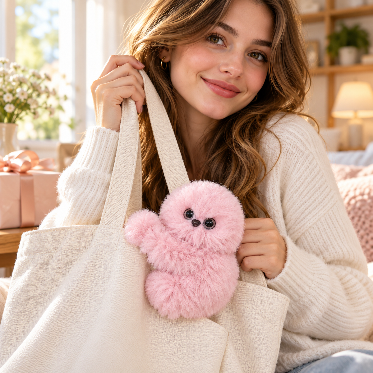🧸👀 Interactive Head-Turning Plush Bag Charm – Cute Fluffy Companion