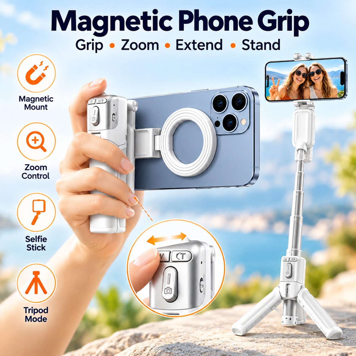 📸✨ Magnetic Phone Grip – Zoomable Selfie Stick & Portable Tripod for Perfect Shots! 🤳🔥