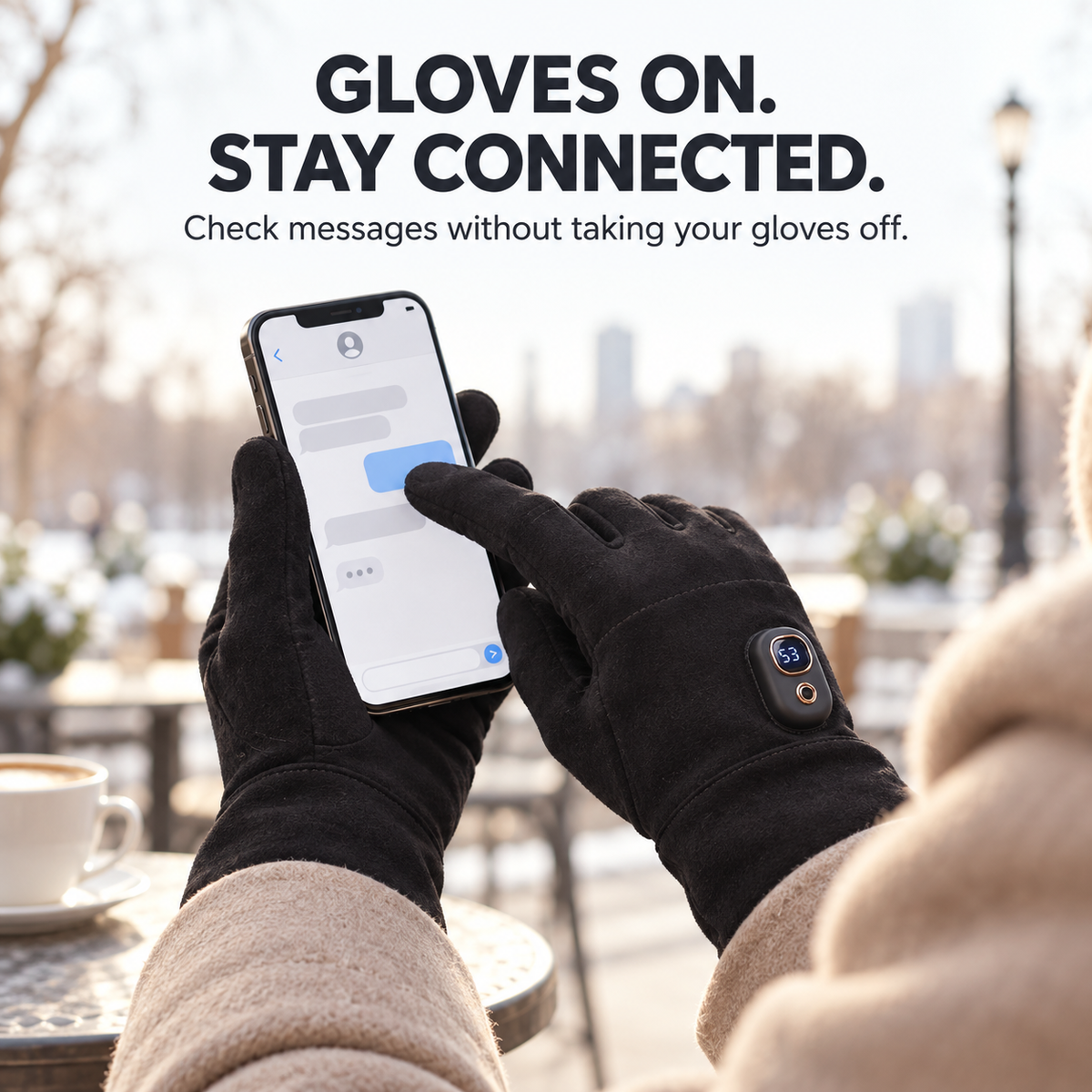 Person using a smartphone while wearing heated touchscreen winter gloves