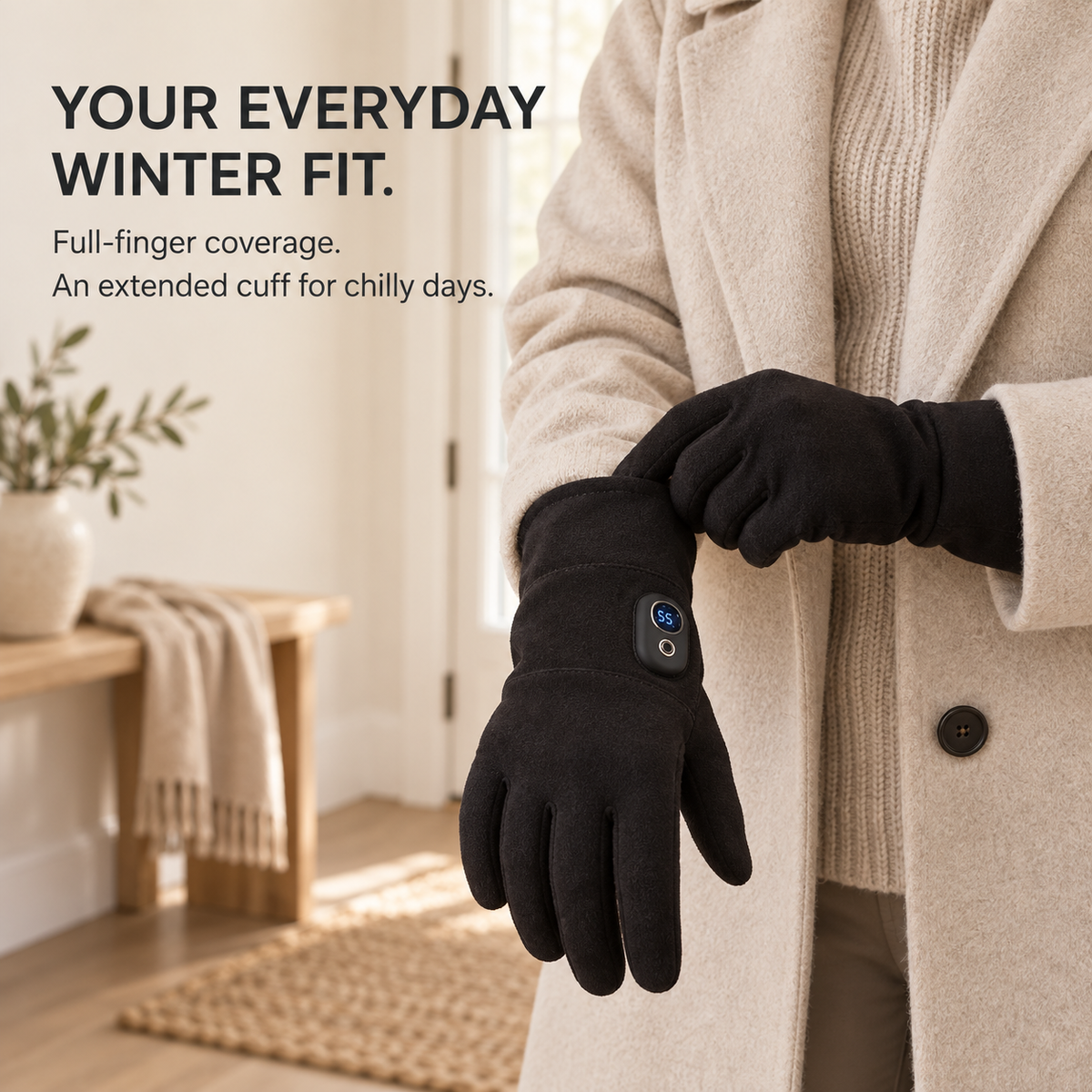 Full-finger heated winter gloves with extended wrist cuffs