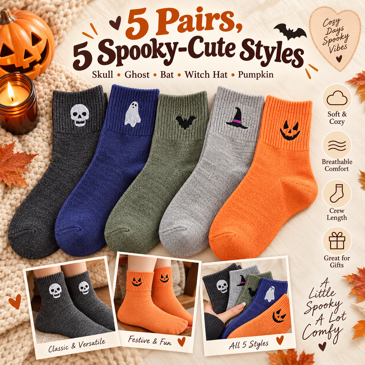 🎃 Women's 5-Pair Halloween Crew Socks Set – Cute Spooky Styles for Cozy Fall Days