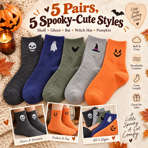 🎃 Women's 5-Pair Halloween Crew Socks Set – Cute Spooky Styles for Cozy Fall Days