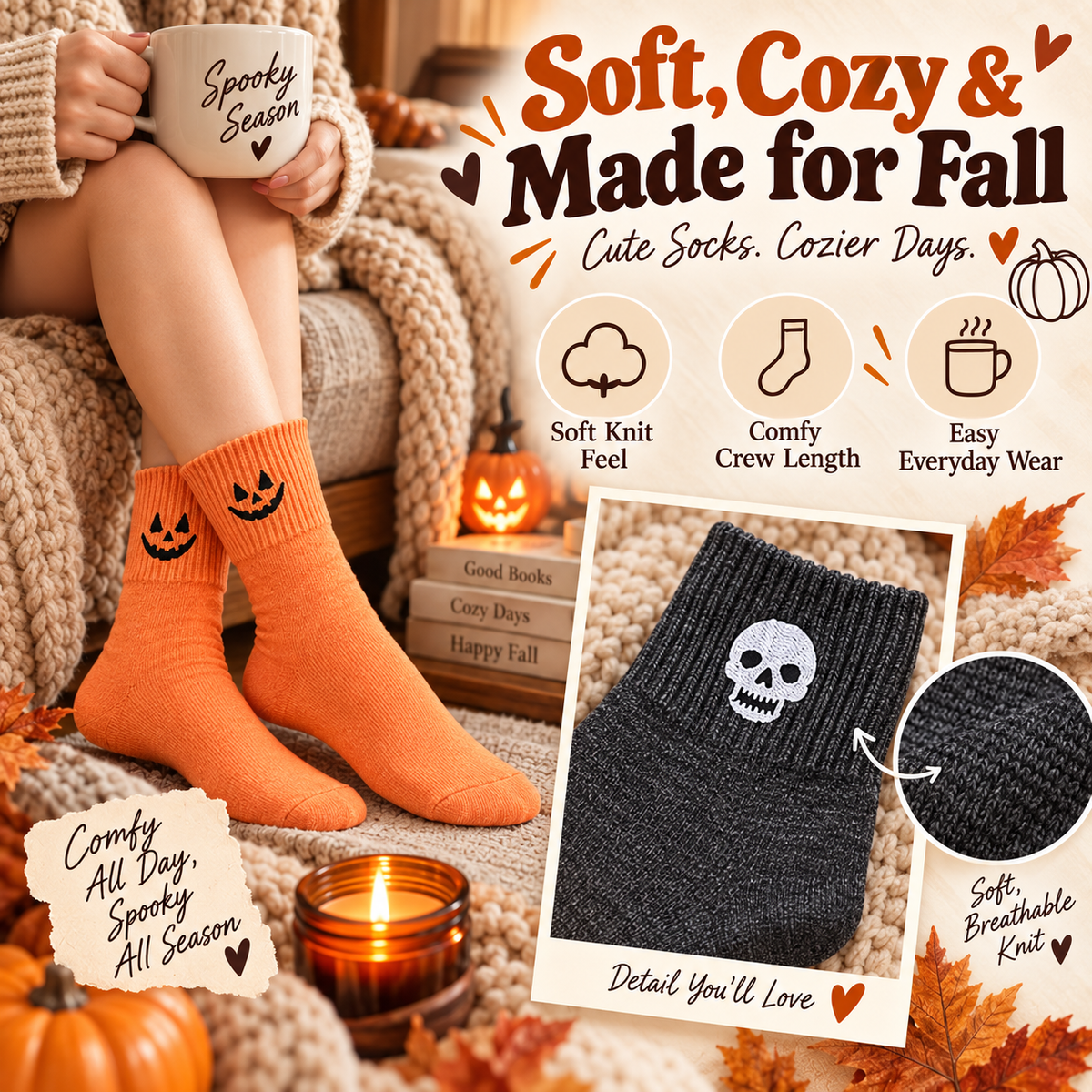 🎃 Women's 5-Pair Halloween Crew Socks Set – Cute Spooky Styles for Cozy Fall Days
