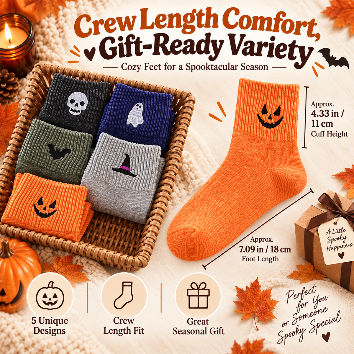🎃 Women's 5-Pair Halloween Crew Socks Set – Cute Spooky Styles for Cozy Fall Days