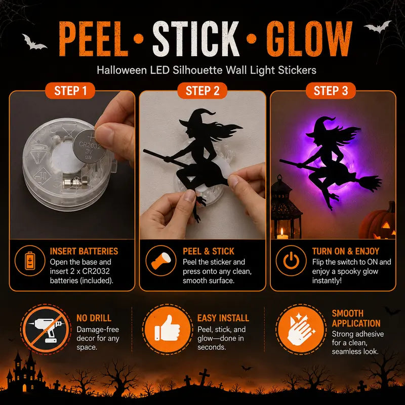🎃Halloween LED Silhouette Wall Light Stickers, Battery Powered Peel