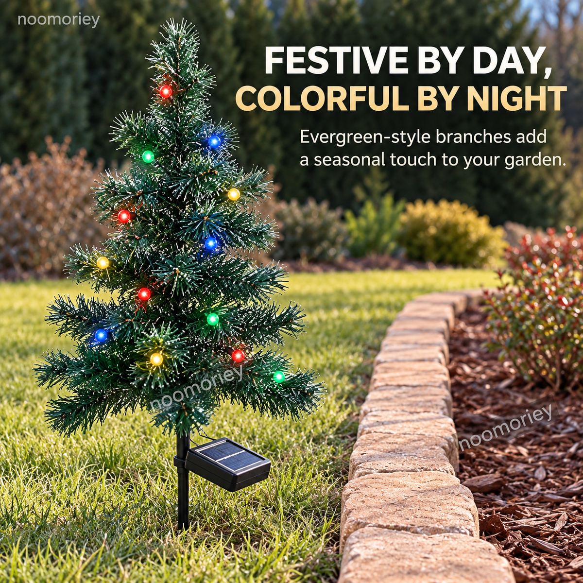 Green miniature solar Christmas tree with decorative lights in a daytime garden scene