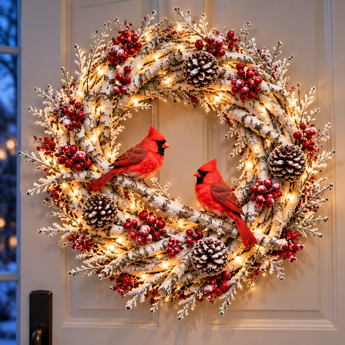 🔥 LAST DAY 49% OFF! ❤️ Snowy Birch Cardinal Christmas Wreath – Lighted Holiday Door Decor with Red Cardinals ✨