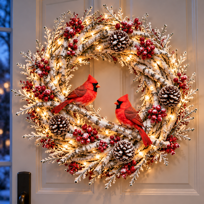🔥 LAST DAY 49% OFF! ❤️ Snowy Birch Cardinal Christmas Wreath – Lighted Holiday Door Decor with Red Cardinals ✨