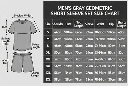 Men's geometric print short-sleeved T-shirt paired with drawstring shorts two-piece set