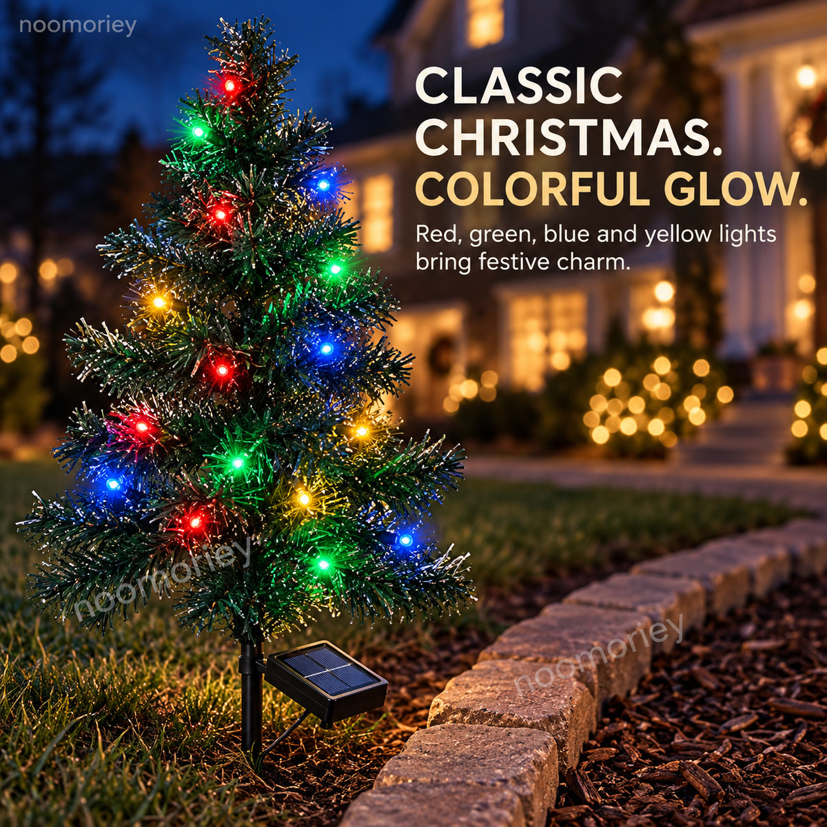 Close view of multicolor red green yellow and blue bulbs on miniature evergreen-style Christmas tree foliage