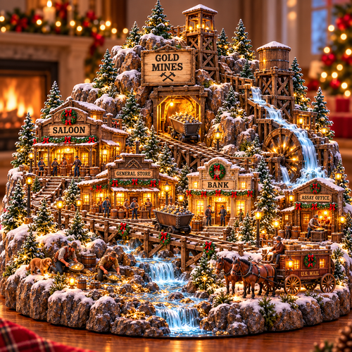 ⛏️✨ Gold Rush Christmas Mining Town™ – Lighted Old West Village with Moving Mine Cart & Gold Creek