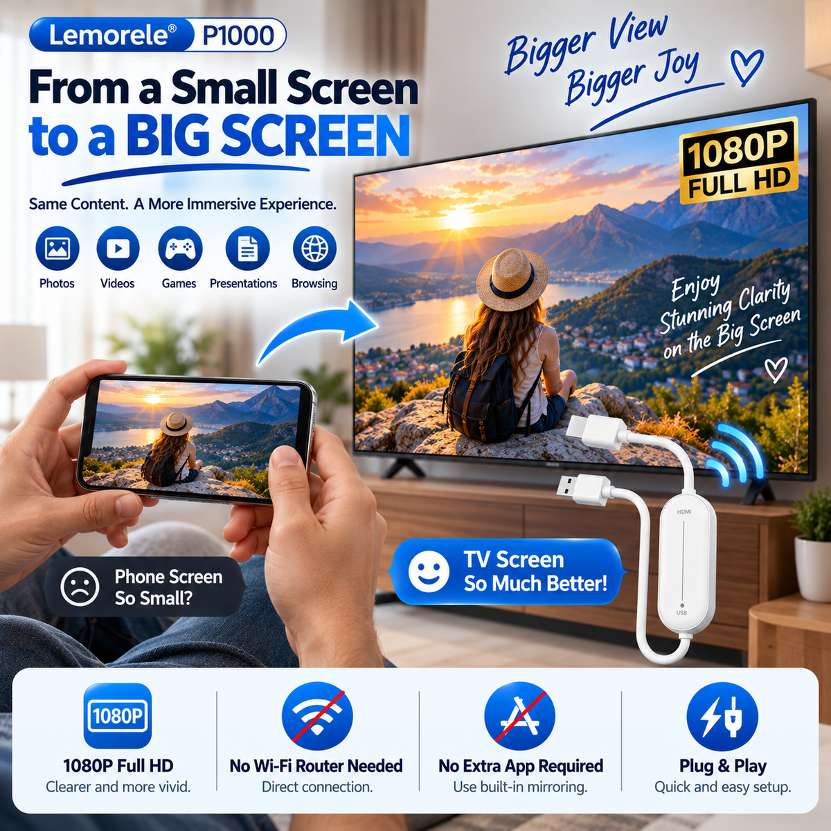 📺 Wireless HDMI Screen Mirroring Adapter – 1080P Plug & Play