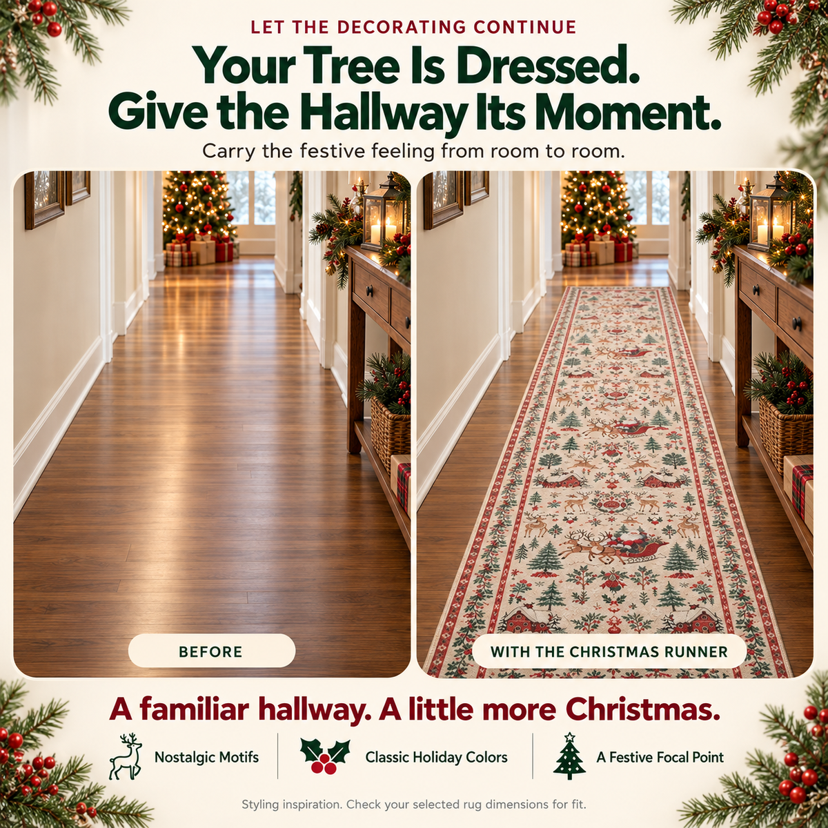 🔥LAST DAY 49% OFF -🎄Vintage Christmas Runner Rug – Santa, Reindeer & Timeless Holiday Charm