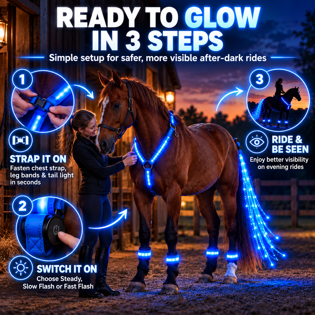 🐴 LED Horse Night Riding Lights – Full-Body Glow Kit with Enhanced Visibility & 12 Lighting Modes
