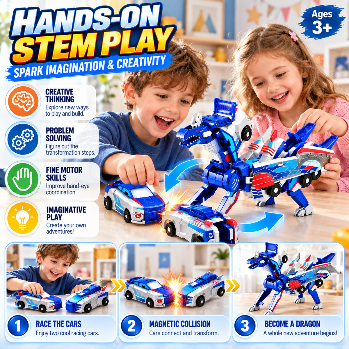 🚗 Transforming Dragon Racing Car – Magnetic 2-in-1 Action Toy 🐉🔥
