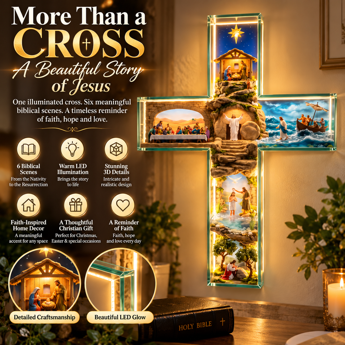 Illuminated 3D Biblical Story Cross – LED Christian Decor