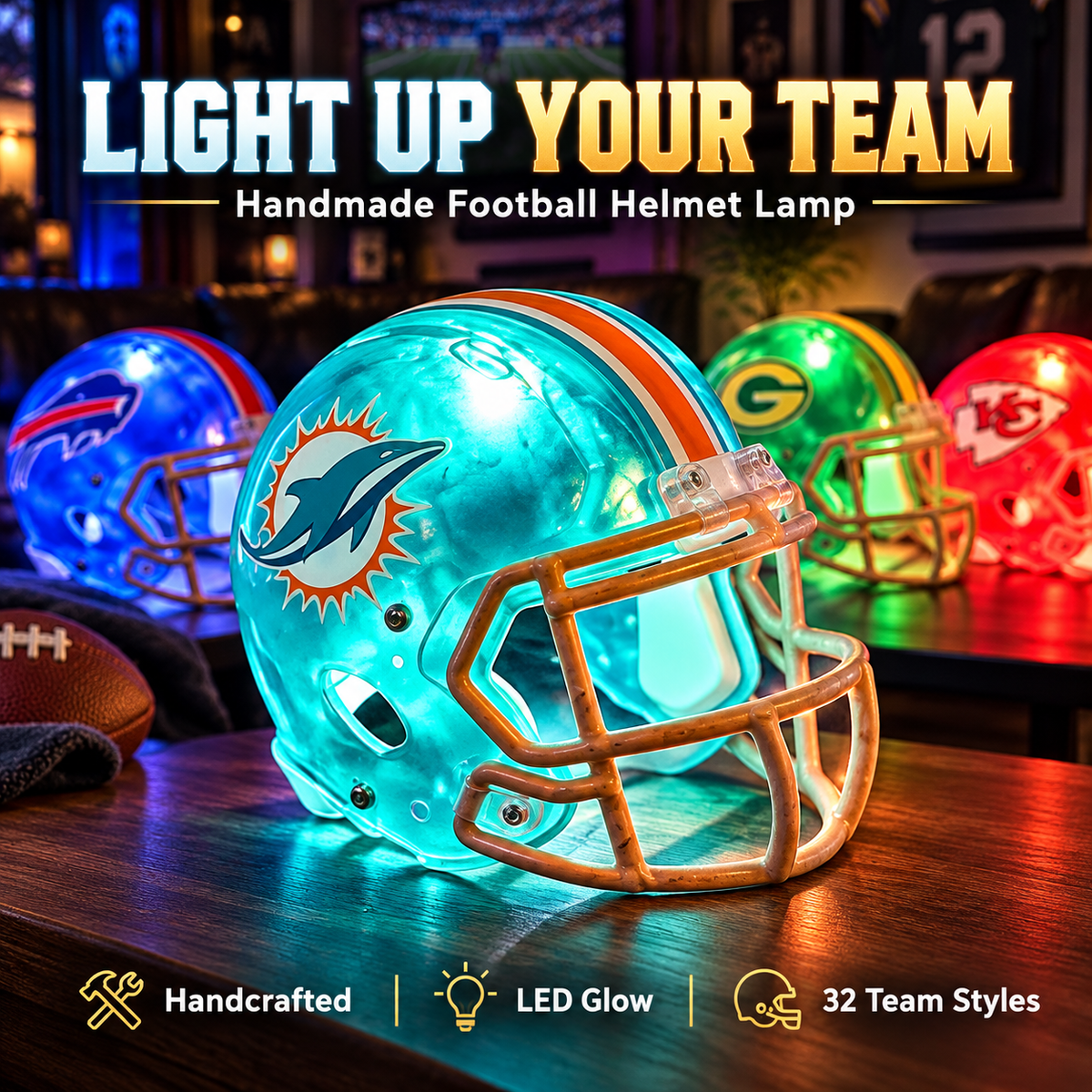 HOT SALE🎁 Handmade Football Helmet Lamp – LED Team Fan Cave Light with 32 Team Styles
