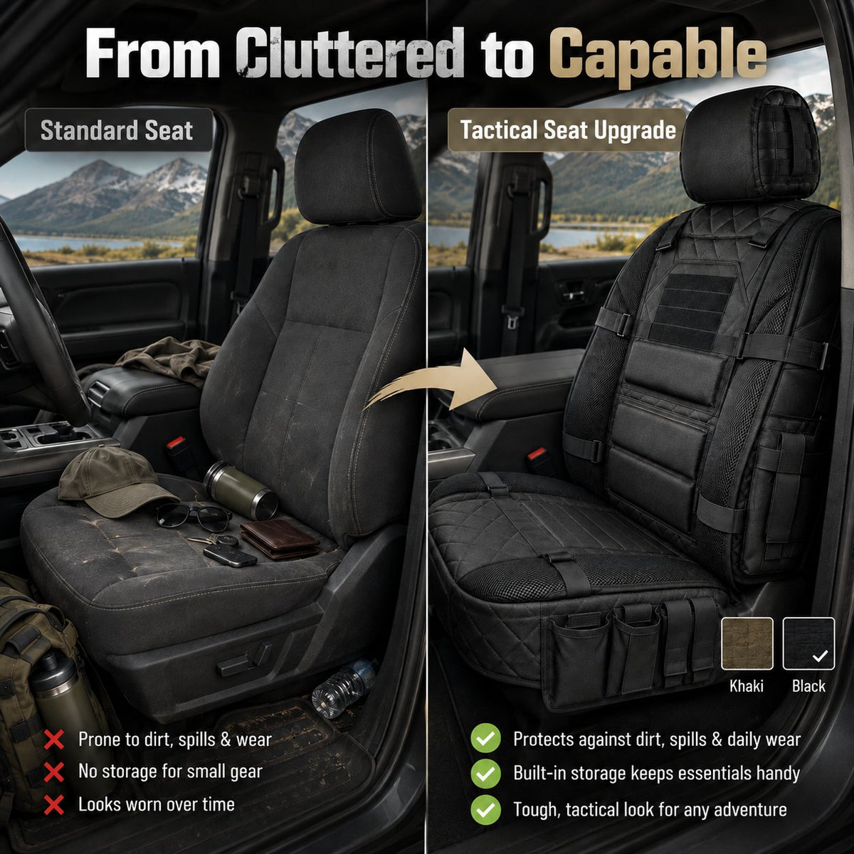 🚙Rugged Truck Seat Cover – Tactical Storage, Seat Protection & All‑Day Comfort