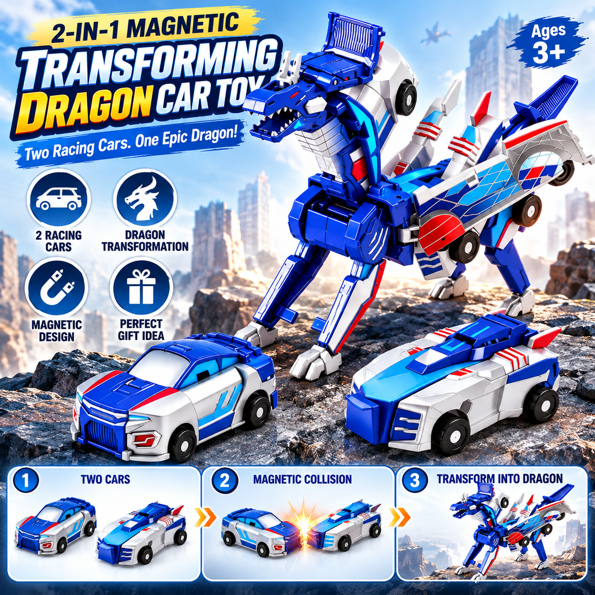 🚗 Transforming Dragon Racing Car – Magnetic 2-in-1 Action Toy 🐉🔥