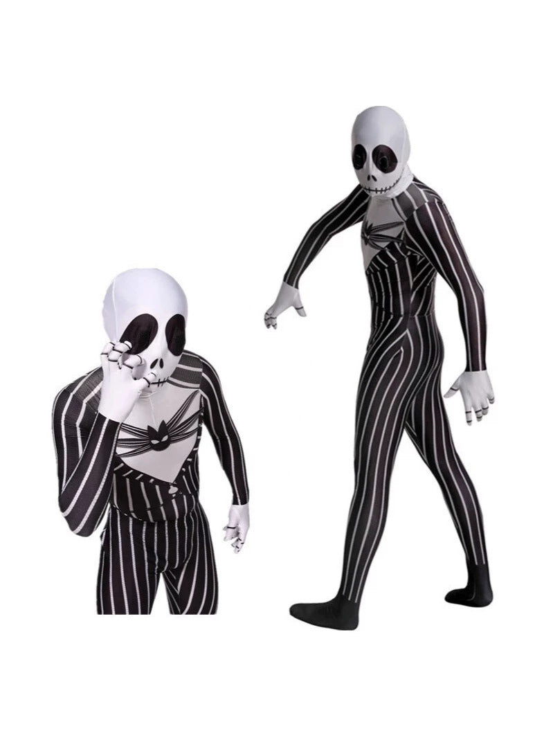 🎃 Full-Body Striped Skeleton Halloween Costume – Spooky Stretch Jumpsuit for Parties & Cosplay