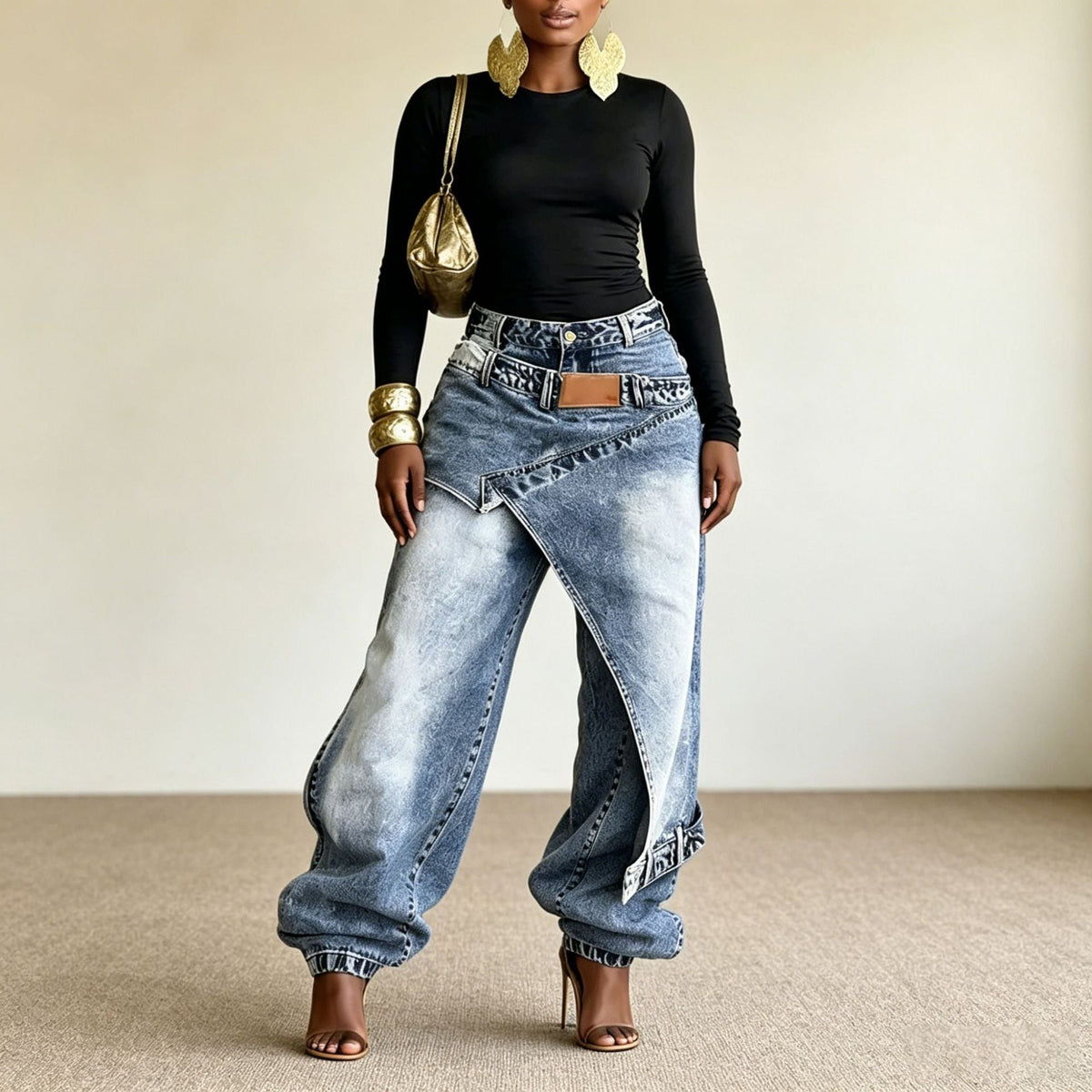 Layered Washed Wide-Leg Jeans – Women's Streetwear Style