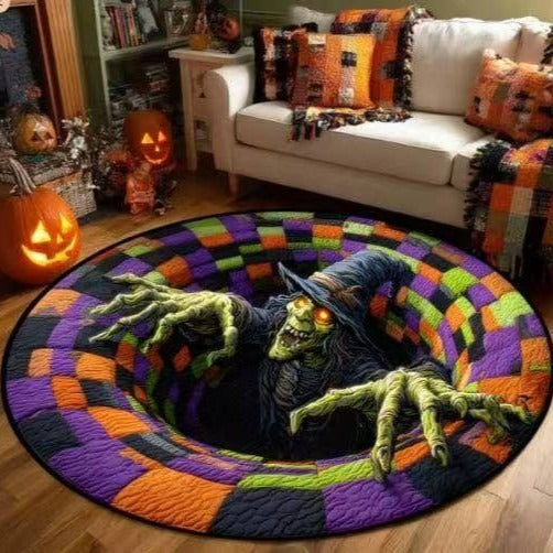 🎃 3D Optical Illusion Skeleton Vortex Quilted Round Halloween Rug