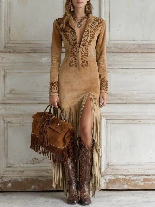 🌸 Vintage Floral Fringe Maxi Dress – Boho Chic Elegance