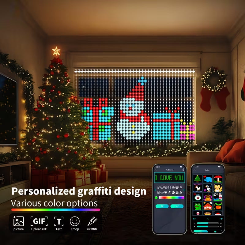 🎅 Smart RGB Pixel Curtain Lights – App-Controlled Animated Holiday Display for Balcony & Window Decor-1.6m*1.6m