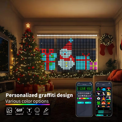 🎅 Smart RGB Pixel Curtain Lights – App-Controlled Animated Holiday Display for Balcony & Window Decor-1.6m*1.6m