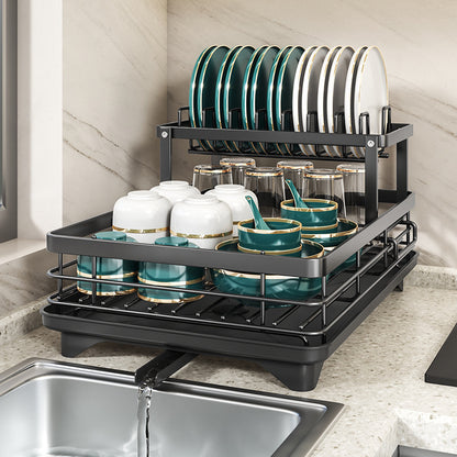 Foldable Over Sink Dish Drying Rack｜Pull-Out 2-Tier Dish Drainer with Utensil Holder｜Space Saving Kitchen Organizer for Small Kitchens