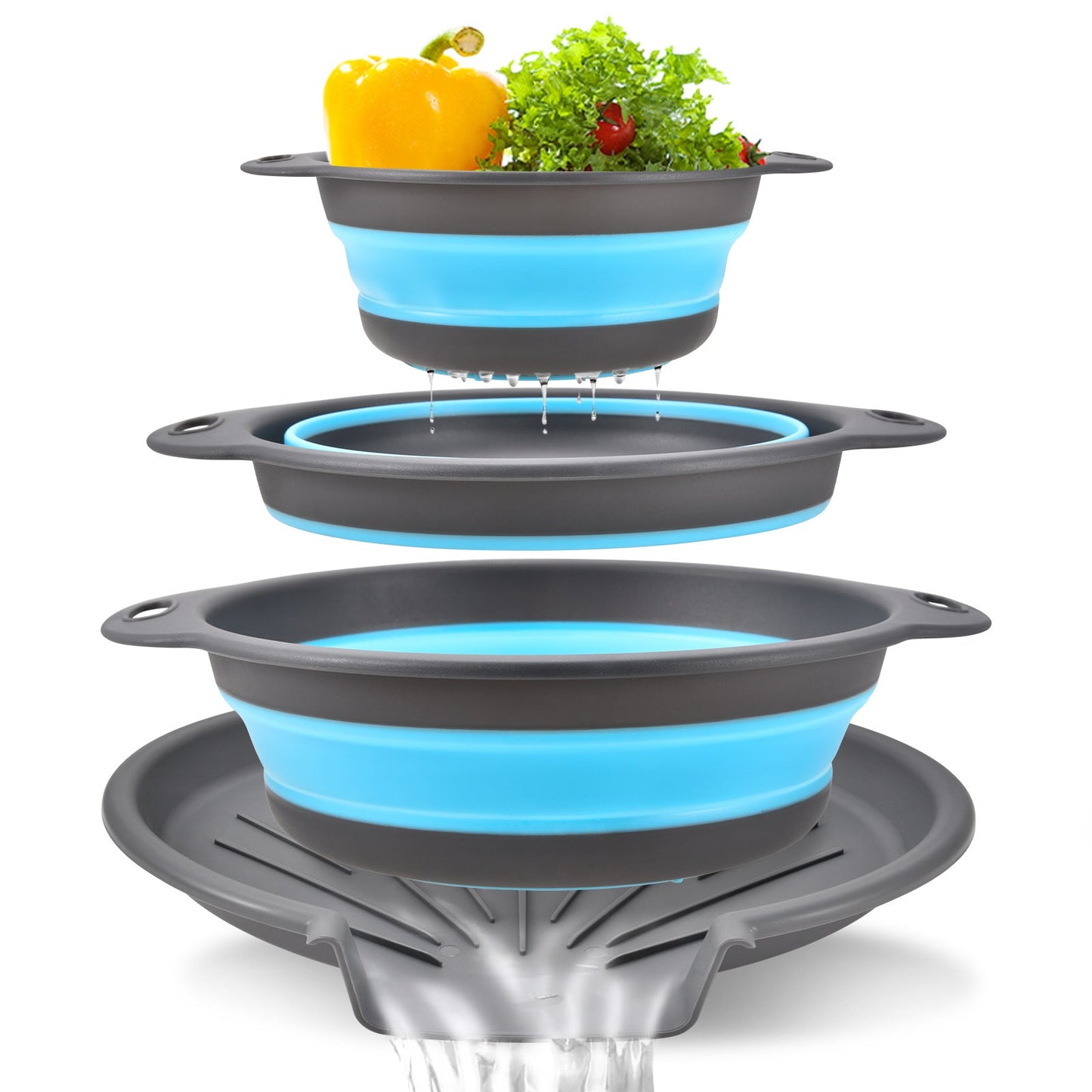 🍝3-Piece Collapsible Colander Set – Space-Saving Strainers with Draining Base