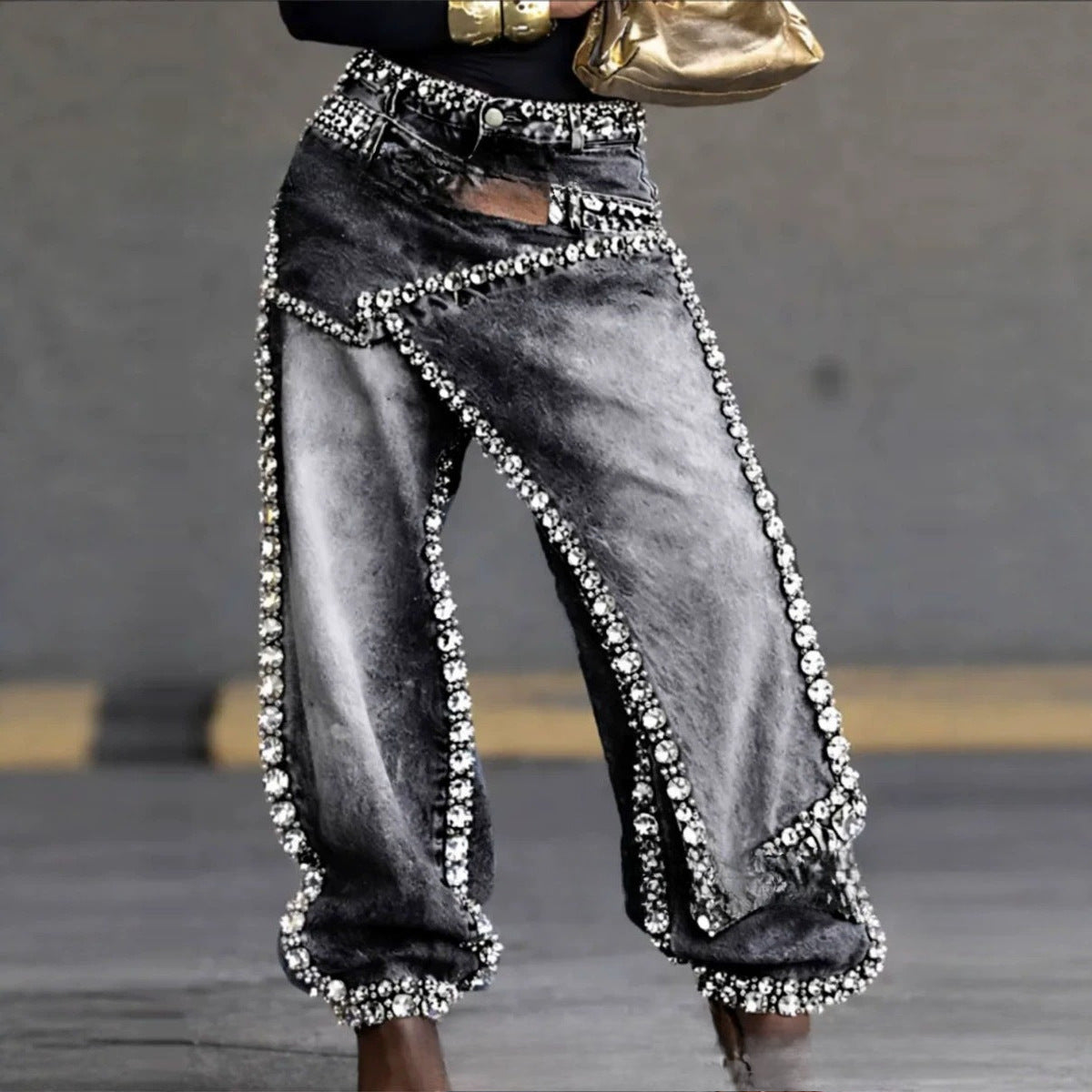 Layered Washed Wide-Leg Jeans – Women's Streetwear Style