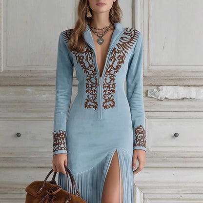 🌸 Vintage Floral Fringe Maxi Dress – Boho Chic Elegance