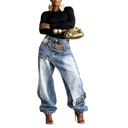 Layered Washed Wide-Leg Jeans – Women's Streetwear Style
