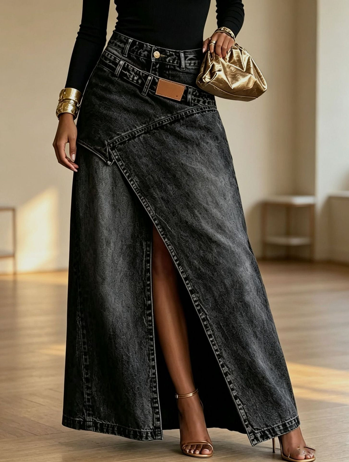Layered Washed Wide-Leg Jeans – Women's Streetwear Style