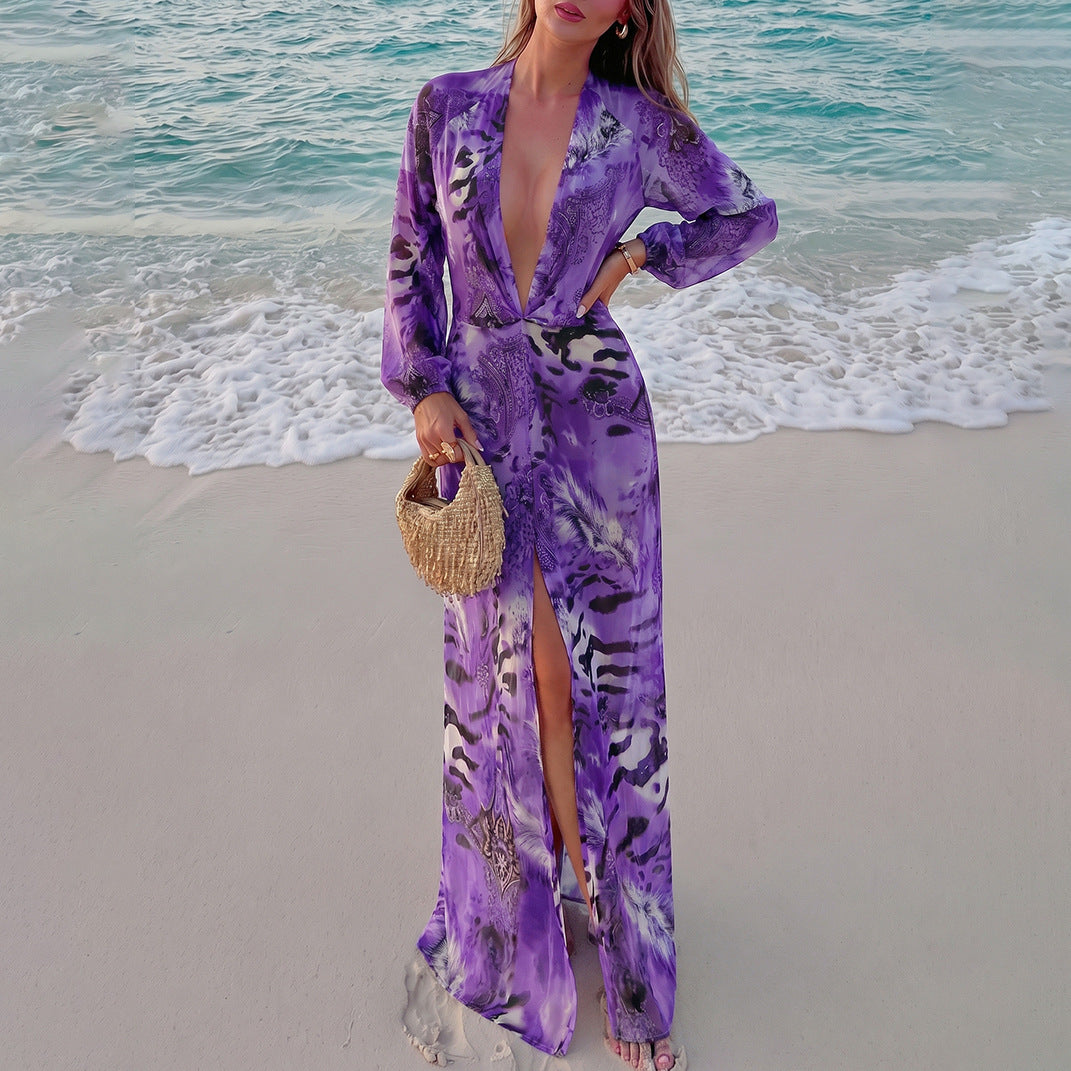 🌴✨ Tropical Print Deep V Maxi Dress – Sexy Backless & High Slit 💚