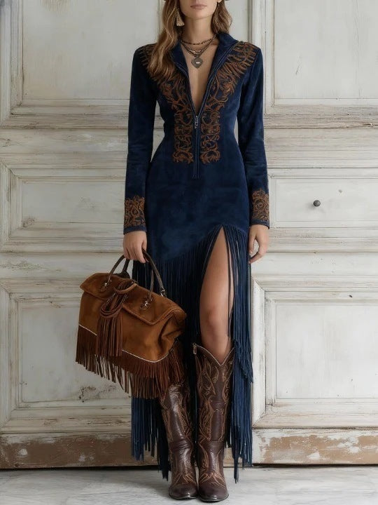 🌸 Vintage Floral Fringe Maxi Dress – Boho Chic Elegance