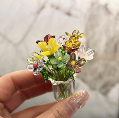 1 Set (7 Flowers+1 Vase) Handcrafted Mini Glass Artificial Flower Ornaments