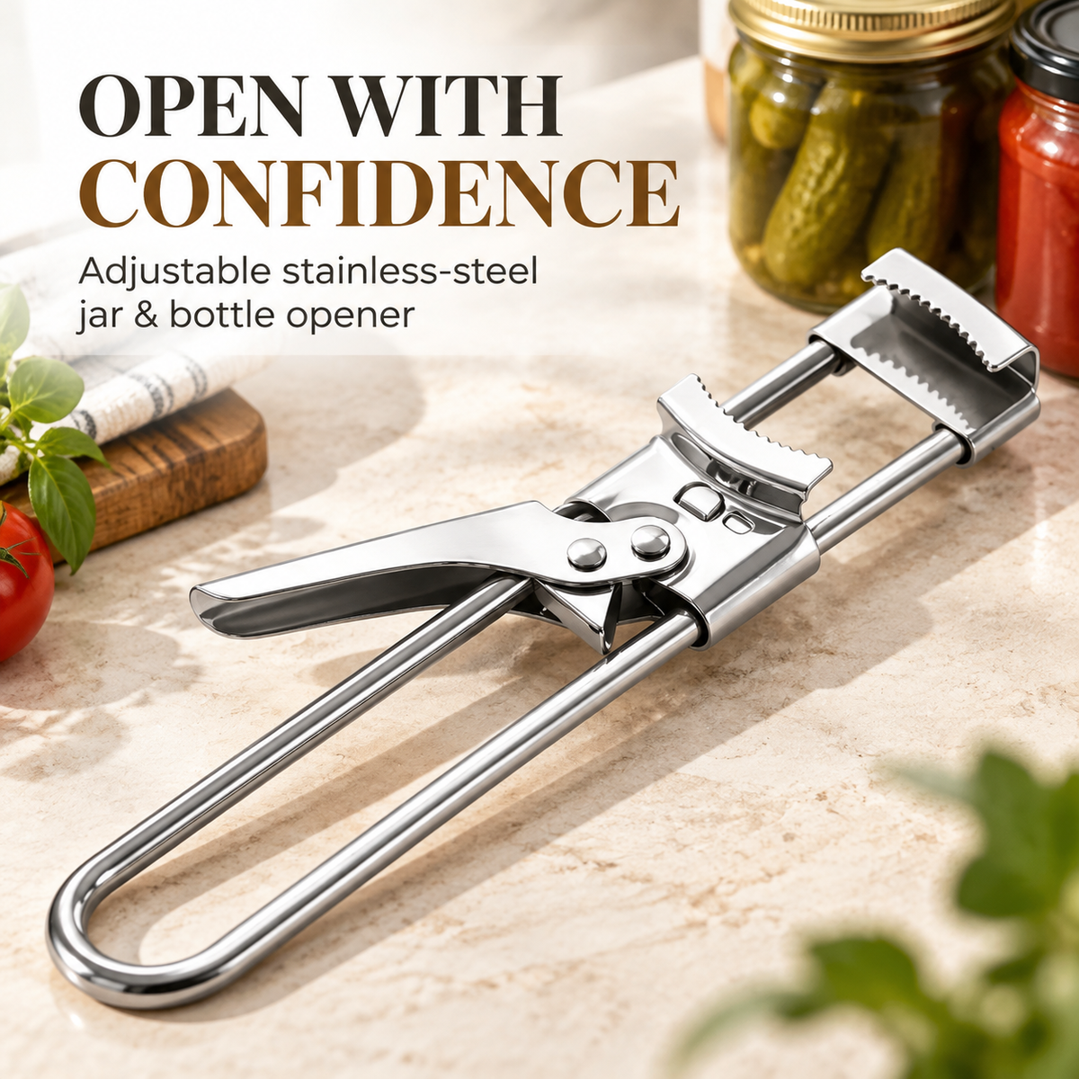 🍾 Adjustable Stainless Steel Jar & Bottle Opener – Multi-Size Grip for Tight Lids & Caps ✨