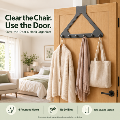 🚪 6-Hook Over-the-Door Organizer – No-Drill Space-Saving Hanging Rack ✨