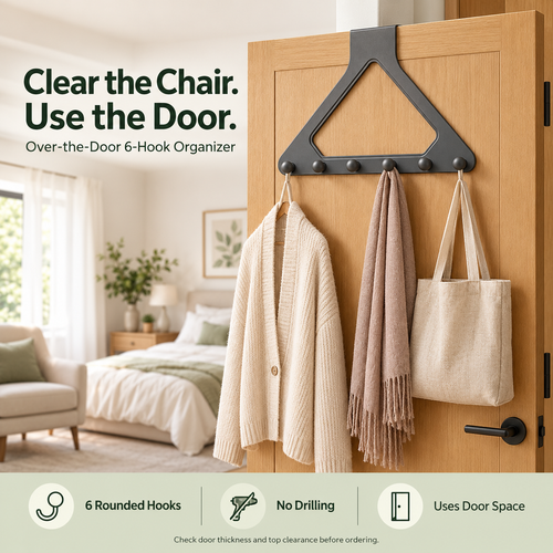🚪 6-Hook Over-the-Door Organizer – No-Drill Space-Saving Hanging Rack ✨