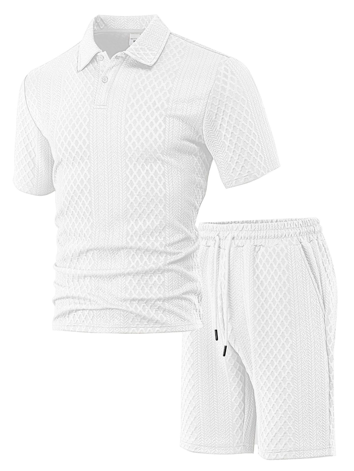 Men's Solid Polo Shirt & Drawstring Waist Shorts Set, Cozy Breathable Two-piece Outfits