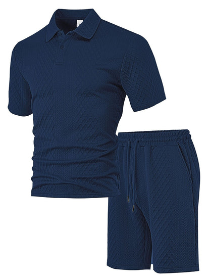 Men's Solid Polo Shirt & Drawstring Waist Shorts Set, Cozy Breathable Two-piece Outfits