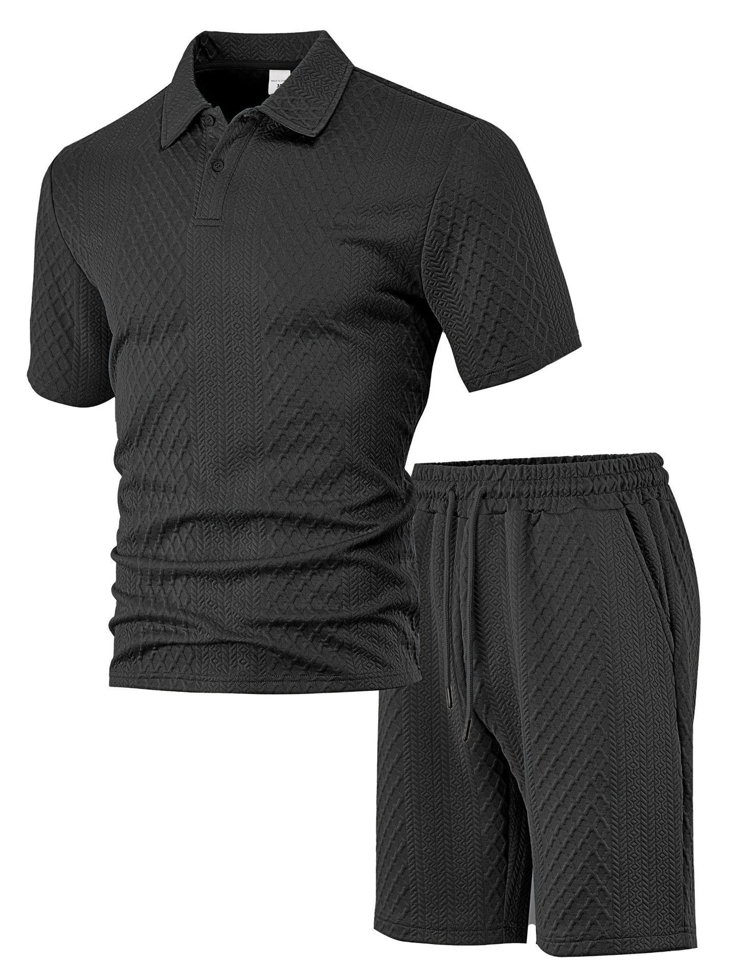 Men's Solid Polo Shirt & Drawstring Waist Shorts Set, Cozy Breathable Two-piece Outfits