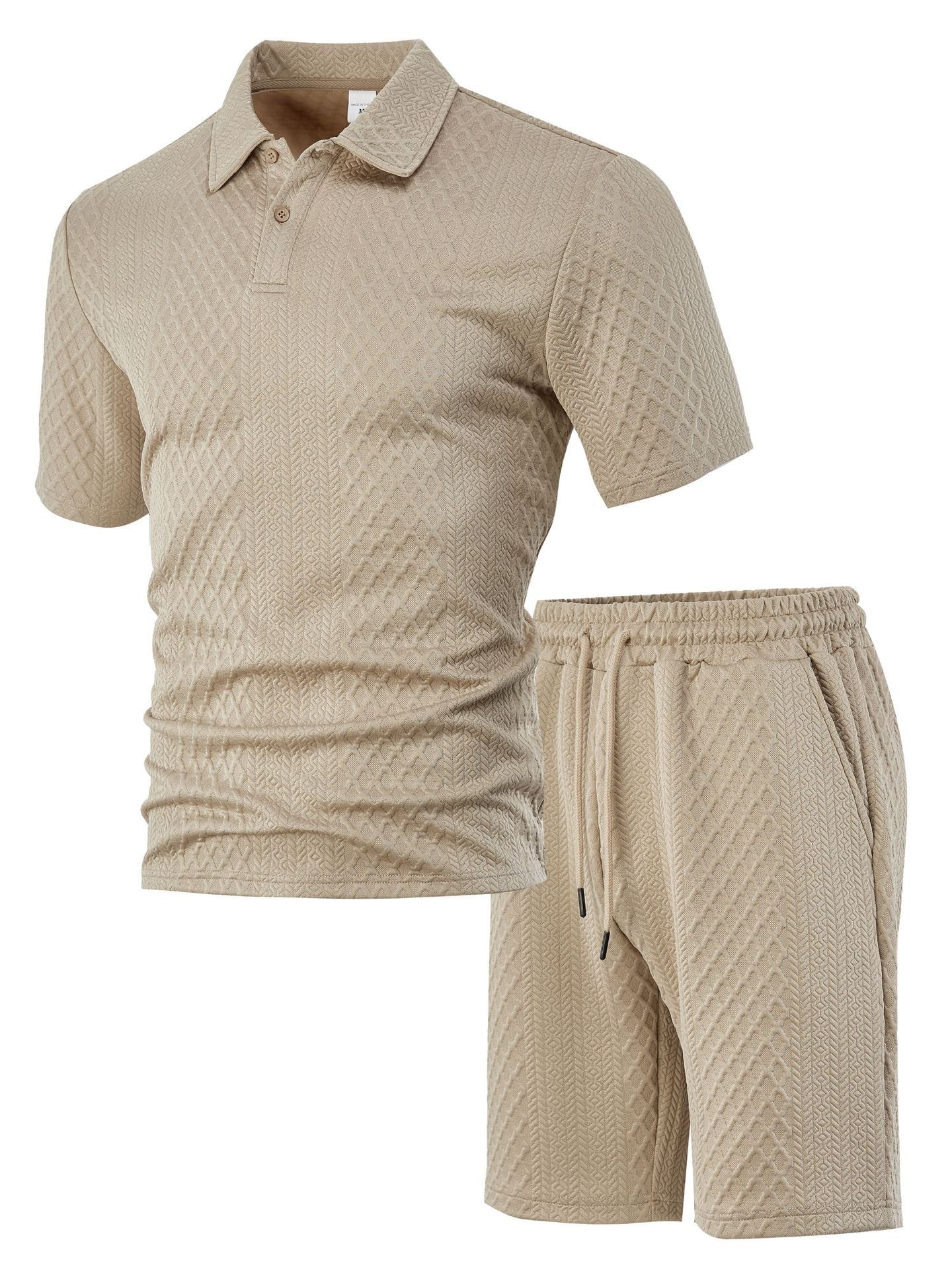 Men's Solid Polo Shirt & Drawstring Waist Shorts Set, Cozy Breathable Two-piece Outfits