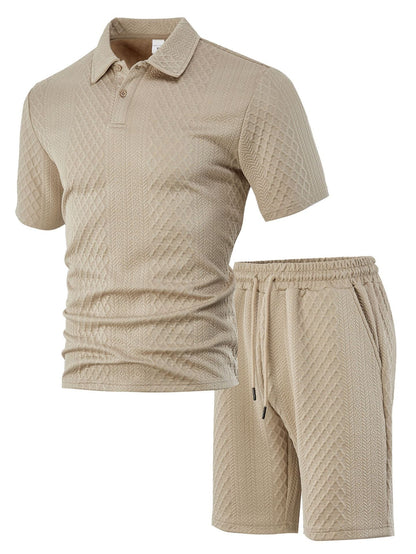 Men's Solid Polo Shirt & Drawstring Waist Shorts Set, Cozy Breathable Two-piece Outfits
